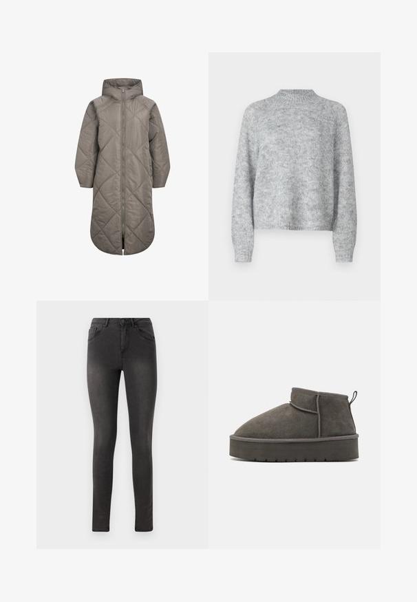 Lang, grå polstret frakke med lynlåslukning, diamantquiltet mønster og hætte. Har en glat tekstur og sidelommer.; Lysegrå sweater med høj hals, lange ærmer og en løs pasform. Fremstillet af struktureret strikstof med subtile farvevariationer.; Sorte skinny jeans med en glat denim texture, fem-lomme design og en metal knaplukning i taljen.; Grå ruskinds ankelstøvler med rund tå, kort skaft og en tyk gummisål. Har en løkke til at trække i bagpå og tonale syninger.
