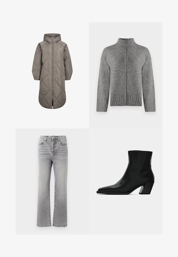 Abrigo acolchado largo y gris con cierre de cremallera, patrón de rombos y capucha. Presenta una textura suave y bolsillos en las costuras laterales.; Suéter gris de punto con un alto cuello acanalado, hombros caídos y corte recto. Presenta costura acanalada texturizada en toda su extensión y una costura en la parte posterior.; Jeans de mezclilla gris con un diseño de pierna recta, cintura de altura media, estilo de cinco bolsillos y un ligero desgaste para dar textura. Detalles de botón metálico y costuras.; Bota de tobillo de cuero negro con punta afilada, una silueta elegante y un tacón cuadrado grueso. Textura suave con detalles de costura mínimos.