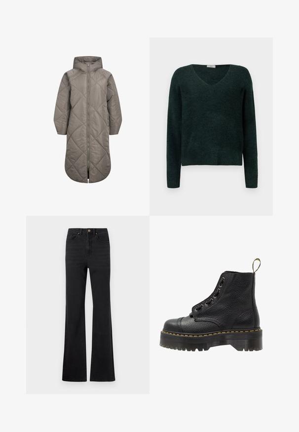 Lang, grå polstret frakke med lynlåslukning, diamantquiltet mønster og hætte. Har en glat tekstur og sidelommer.; Mørkegrønn strikket sweater med V-hals, lange ærmer og ribbet kant. Blød tekstur, afslappet pasform og ingen synlige mønstre eller hardware.; Sorte højtaljede denim jeans med foran knap, bæltestropper og let udvidede ben mod en hvid baggrund.; Sorte læder ankelstøvler med tekstureret overflade, rund tå, snørebåndsdesign, gule stikninger og en tyk, rillet sort platformsål.