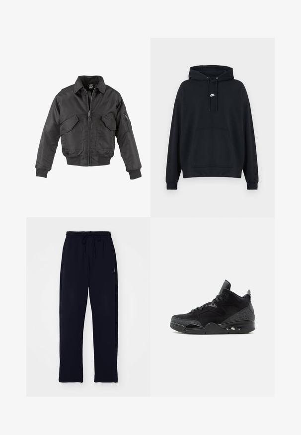 Zwarte bomberjack gemaakt van nylon, met een ritssluiting aan de voorkant, twee grote borstzakken, geribde boorden en een staande kraag.; Zwarte Nike hoodie met voorzak in kangoeroestijl, verstelbare capuchon met trekkoord en klein wit Nike-logo in het midden van de borst.; Zwarte trainingsbroek gemaakt van zacht materiaal. Voorzien van een elastische tailleband met een trekkoord en zijzakken. Rechtovertrek ontwerp.; Zwarte hoge sneaker met veters aan de voorkant, patroon op de zijpanelen, zichtbare airzool en gevoerde enkelkraag op witte achtergrond.