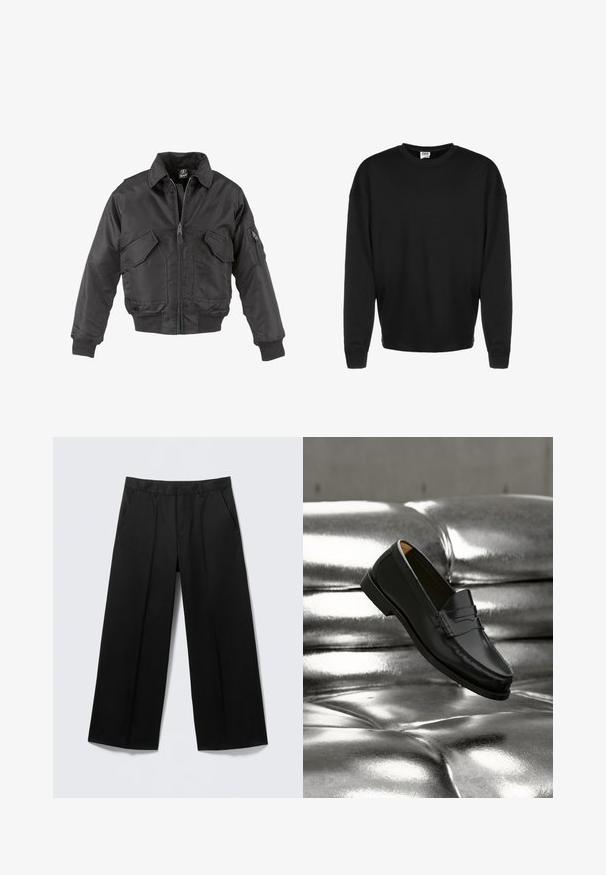 Schwarze Bomberjacke aus Nylon, mit Reißverschluss vorne, zwei großen Brusttaschen, gerippten Bündchen und Stehkragen.; Schwarzer langärmeliger Rundhalsausschnitt-Sweatshirt mit gerippten Bündchen und lockerer Passform, vor einem weißen Hintergrund präsentiert.; Schwarze Hosen mit weitem Bein, Gürtelschlaufen, Vordertaschen und Reißverschluss, auf einem hellgrauen Hintergrund präsentiert.; Schwarzer Lederloafer, der über einem glänzenden silberfarbenen, gesteppte Ledersofa in einer minimalistischen Umgebung schwebt.