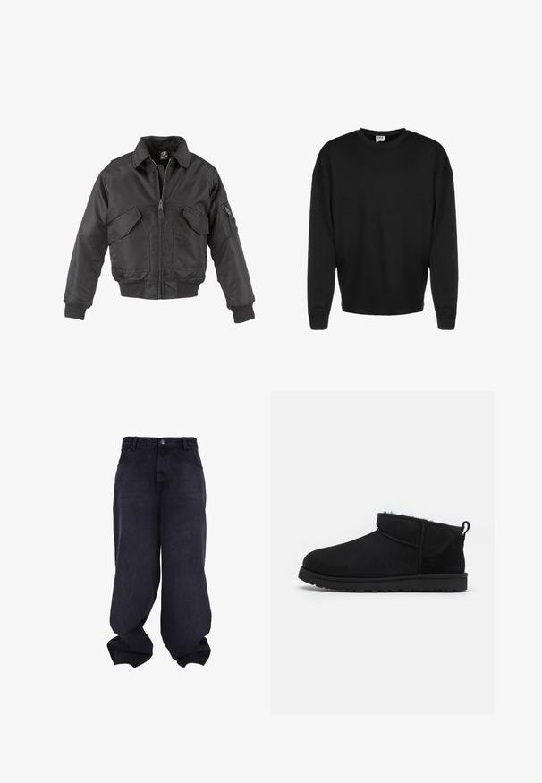 Sort bomberjakke lavet af nylon, med lynlås foran, to store brystlommer, ribbede manchetter og en opretstående krave.; Sort langærmet crewneck sweatshirt med ribbede manchetter og afslappet pasform, vist mod en hvid baggrund.; Sorte oversized løstsiddende jeans med knap- og lynlåsfrontlukning, forlommer og løse, brede ben.; Sorte ruskind ankelstøvler med en blød, tekstureret foring, lavprofilgummi sål og en løkke bagpå for nem påtagning.