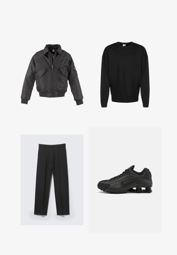 Μαύρο bomber jacket κατασκευασμένο από νάιλον, με φερμουάρ μπροστά, δύο μεγάλες τσέπες στο στήθος, ριμπ μανσέτες και στήριγμα για τον λαιμό.; Μαύρη μακρυμάνικη μπλούζα crewneck με ριμπ μανσέτες και χαλαρή γραμμή, τοποθετημένη μπροστά σε άσπρο φόντο.; Μαύρο παντελόνι με ραφές, πιέτες μπροστά, πλαϊνές τσέπες, θηλιές για ζώνη και κούμπωμα με κουμπί στη μέση σε ανοιχτό φόντο.; Μαύρα αθλητικά παπούτσια με λείο συνθετικό άνω μέρος, διάτρητες λεπτομέρειες, υφή στις πλευρές και ξεχωριστή ελαστική σόλα.