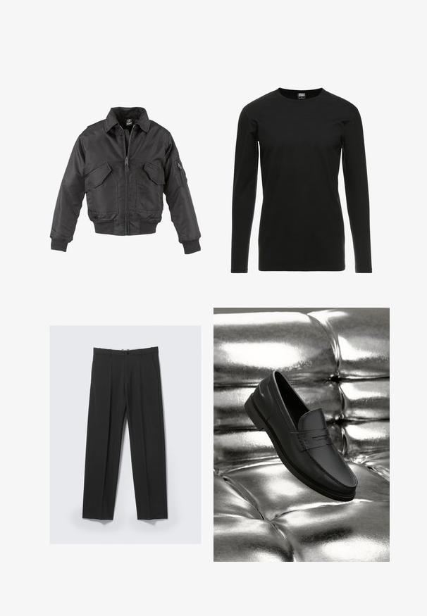 Cazadora bomber negra hecha de nailon, con cierre frontal de cremallera, dos grandes bolsillos en el pecho, puños de canalé y cuello alto.; Urban Classics STRETCH TERRY - Camiseta de manga larga - black; Pantalones negros a medida con pinzas delanteras, bolsillos laterales, trabillas para cinturón y cierre de botón en la cintura sobre un fondo claro.; Mocasines de cuero negro con una textura suave, que presentan detalles de costura y un diseño clásico, mostrados sobre un fondo metálico y brillante.