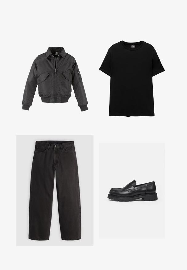 Sort bomberjakke lavet af nylon, med lynlås foran, to store brystlommer, ribbede manchetter og en opretstående krave.; Sort T-shirt med korte ærmer og rund halsudskæring med Pull&Bear mærke indeni kraven, lagt fladt på hvid baggrund.; Sorte denimjeans med lige ben, fem lommer og bæltestropper, vist fladt på en ensartet lys baggrund.; Sort læderloafer med tyk rillede sål og penny-remdetalje, vist i højre sideprofil på hvid baggrund.