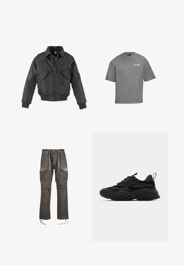 Sort bomberjakke lavet af nylon, med lynlås foran, to store brystlommer, ribbede manchetter og en opretstående krave.; Grå oversized t-shirt med korte ærmer, rund halsudskæring og hvid "DROPSIZE Creative Mood" tekst på venstre bryst.; Cargo bukser i et falmet gråt stof, med en elastisk talje med snore, sidelommer og tætsiddende ben med bånd ved kanten.; Sorte atletiske sneakers med en kraftig sål, meshpaneler og gummidetaljer. Har en trækflap ved hælen og strukturerede mønstre.