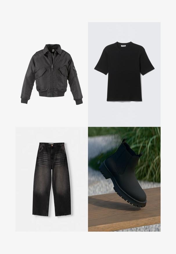Sort bomberjakke lavet af nylon, med lynlås foran, to store brystlommer, ribbede manchetter og en opretstående krave.; Sort kortærmet T-shirt med rund hals og "WEEKDAY" mærke på indersiden af kraven, vist fladt på en lys baggrund.; Sorte denim bukser med vid ben, der har et falmet design, fem lommer, knaplukning og subtile slidte detaljer foran.; Sort ankelstøvle med en glat overflade, elastiske sidepaneler og en tyk, robust sål. Sat mod en naturlig baggrund på en træoverflade.