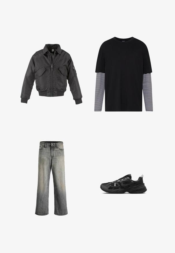 Cazadora bomber negra hecha de nailon, con cierre frontal de cremallera, dos grandes bolsillos en el pecho, puños de canalé y cuello alto.; Camiseta negra de manga corta con el frente liso y mangas largas a rayas en blanco y negro. Diseño de cuello redondo sencillo, ajuste casual.; Vaqueros de pierna ancha en denim gris deslavado con un ligero efecto ombré. Presenta bolsillos frontales y un detalle de costura visible. Se aprecian marcas de uso sutiles.; Zapatilla deportiva negra con parte superior de malla, suela de goma y acentos texturizados. Presenta un diseño de cordones y un logotipo distintivo en el lateral.