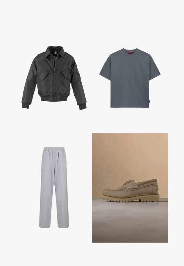 Veste bomber noire en nylon, avec une fermeture éclair à l'avant, deux grandes poches sur la poitrine, des poignets côtelés et un col montant.; T-shirt en coton gris avec un col rond, des manches courtes, une coupe droite et une petite étiquette de marque sur le côté inférieur gauche.; Pantalon de survêtement gris en mélange de coton doux, avec une ceinture élastique et une coupe décontractée, orné d'un petit logo blanc sur la jambe gauche.; Chaussure décontractée beige en daim à lacets avec une semelle épaisse et rainurée, présentée en suspension au-dessus d'une surface texturée beige assortie et d'un arrière-plan.