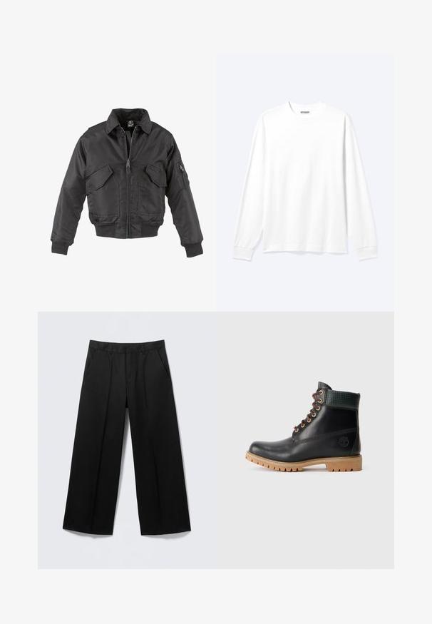 Cazadora bomber negra hecha de nailon, con cierre frontal de cremallera, dos grandes bolsillos en el pecho, puños de canalé y cuello alto.; Camisa blanca lisa de manga larga con cuello redondo y puños acanalados, mostrada sobre un fondo claro y neutro.; Pantalones negros de pierna ancha con trabillas para cinturón, bolsillos delanteros y cierre de cremallera, exhibidos sobre un fondo gris claro.; Botín de cuero negro a la altura del tobillo con cordones marrones, cuello acolchado verde y suela de goma color beige con profundos surcos, vista lateral sobre fondo blanco.