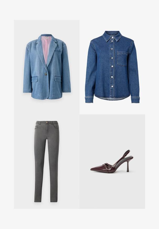 Blazer de mezclilla azul claro con un corte holgado, cierre de un solo botón, dos bolsillos delanteros y un forro interior rosa. Cuello estándar y solapas.; Camisa de manga larga de denim azul con botones delanteros, un único bolsillo en el pecho a la izquierda y un cuello clásico.; Jeans skinny de mezclilla gris con un diseño ajustado, estilo de cinco bolsillos y un cierre de botón metálico en la cintura.; Zapato de tacón slingback de charol burdeos con puntera puntiaguda, fina correa en el tobillo y pequeño detalle decorativo de hebilla. Textura suave y tacón alto.