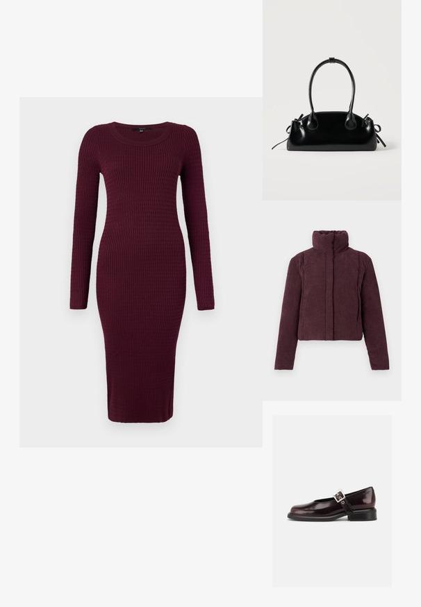 Chaqueta acolchada corta para mujer en terciopelo corduroy púrpura oscuro, con cuello alto y mangas largas, presentada sobre un fondo liso.; Vero Moda VMSILJE ONECK CABLE - Vestido de punto - winetasting; Zapato único Mary Jane brillante de color burdeos oscuro con correa ancha y hebilla plateada, tacón bloque bajo y punta redondeada sobre fondo blanco.; Pequeño bolso negro brillante con dos asas largas y detalles de cordón lateral sobre un fondo claro liso.
