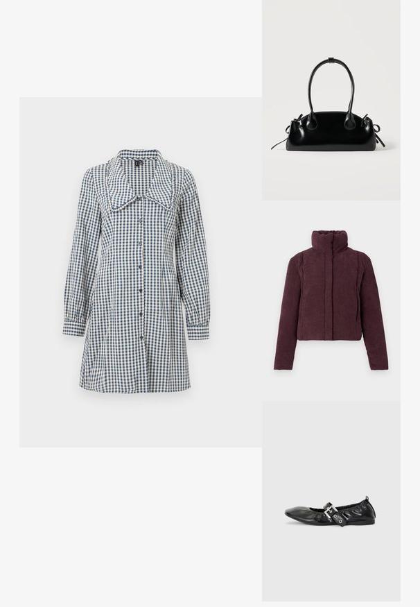 Chaqueta acolchada corta para mujer en terciopelo corduroy púrpura oscuro, con cuello alto y mangas largas, presentada sobre un fondo liso.; Vestido de cuadros vichy en azul y blanco, con un gran cuello, mangas largas abullonadas y cierre frontal de botones. Material de algodón suave.; Zapato plano de piel negra con puntera afilada, detalle fruncido alrededor de la abertura y un acento de hebilla plateada en la correa ajustable.; Pequeño bolso negro brillante con dos asas largas y detalles de cordón lateral sobre un fondo claro liso.
