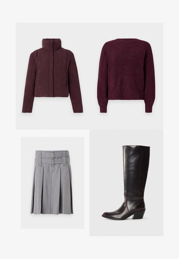 Chaqueta acolchada corta para mujer en terciopelo corduroy púrpura oscuro, con cuello alto y mangas largas, presentada sobre un fondo liso.; Suéter burdeos con un patrón de punto texturizado, cuello redondo y mangas largas con puños de canalé. Material suave con un corte holgado.; Falda plisada gris de rayas con doble cinturón y detalles de hebilla plateada, con detalles de anillas en forma de D en la cintura.; Bota de cuero marrón oscuro hasta la rodilla con punta afilada, tacón angular y textura suave y brillante. Presenta un diseño limpio y detalles de costura.