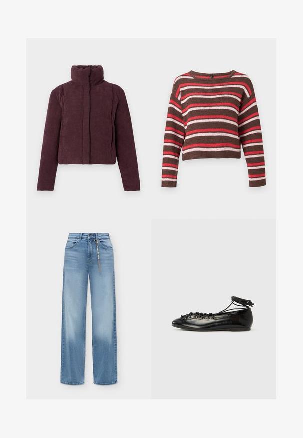 Chaqueta acolchada corta para mujer en terciopelo corduroy púrpura oscuro, con cuello alto y mangas largas, presentada sobre un fondo liso.; Jersey marrón de punto con manga larga, rayas horizontales rojas, rosas y blancas y escote redondo.; Vaqueros de pierna ancha en azul claro con botón y cremallera en la parte delantera, bolsillos delanteros y una cadena decorativa con cuentas colgando de una presilla del cinturón.; Zapatos planos tipo ballet de charol negro con punta redondeada, diseño con cordones y suela plana. Textura lisa con detalles mínimos.