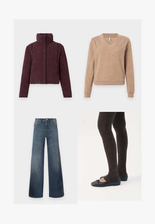 Veste courte matelassée pour femmes en velours côtelé prune foncé avec un col haut et des manches longues, présentée sur un fond uni.; Pull beige côtelé avec un col en V, manches longues et poignets ajustés. Texture douce avec une coupe légèrement ample et un ourlet droit.; Jeans en denim à jambes larges de couleur bleu foncé, avec une finition déchirée, fermeture à bouton et style à cinq poches. Texture lisse, détails de couture minimalistes.; Jambes portant des leggings côtelés foncés associés à des ballerines noires avec de petits détails en nœud sur fond blanc.