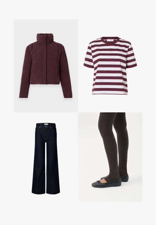 Chaqueta acolchada corta para mujer en terciopelo corduroy púrpura oscuro, con cuello alto y mangas largas, presentada sobre un fondo liso.; Camiseta de manga corta con cuello redondo con anchas rayas horizontales blancas y rojo oscuro.; Vaqueros de mezclilla azul oscuro con pernera ancha, cierre delantero con botón y cremallera, trabillas para cinturón y bolsillos delanteros, mostrados sobre un fondo blanco.; Piernas con leggings oscuros acanalados combinados con bailarinas negras que presentan pequeños detalles de lazo sobre un fondo blanco.