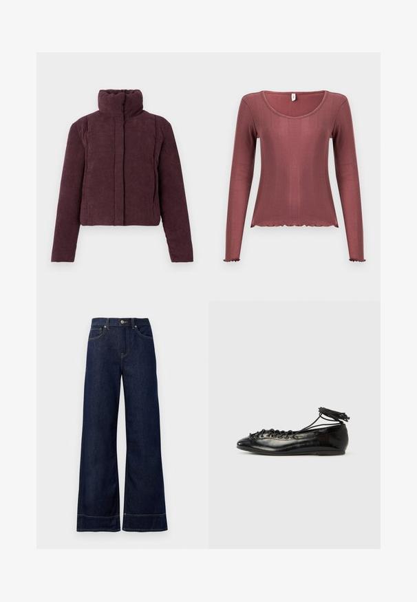 Chaqueta acolchada corta para mujer en terciopelo corduroy púrpura oscuro, con cuello alto y mangas largas, presentada sobre un fondo liso.; Top de manga larga en color rosa polvoriento, textura acanalada, escote redondo, dobladillo y puños con borde ondulado, confeccionado con material de punto suave.; Jeans rectos de mezclilla color azul oscuro. Presentan un cierre de botón, detalles de costura y bolsillos laterales. Dobladillo acampanado.; Zapatos planos tipo ballet de charol negro con punta redondeada, diseño con cordones y suela plana. Textura lisa con detalles mínimos.