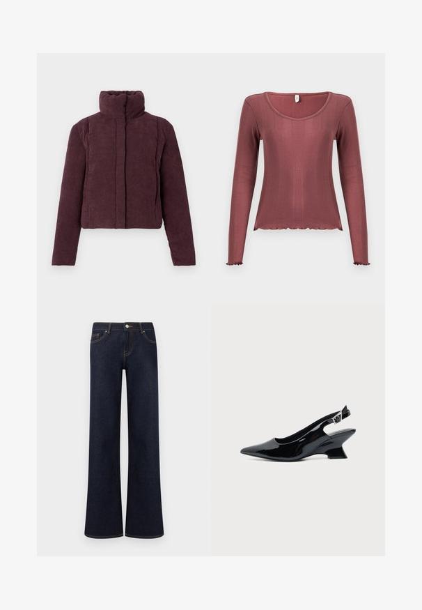 Veste courte matelassée pour femmes en velours côtelé prune foncé avec un col haut et des manches longues, présentée sur un fond uni.; Haut à manches longues couleur rose poudré, texture côtelée, encolure dégagée, ourlets et poignets festonnés, confectionné en matière tricotée douce.; Jean en denim bleu foncé à jambes larges avec poches avant, fermeture par bouton et fermeture éclair, et coutures contrastantes visibles.; Chaussure slingback en cuir verni noir avec bout pointu et petit talon bloc incliné sur fond clair uni.