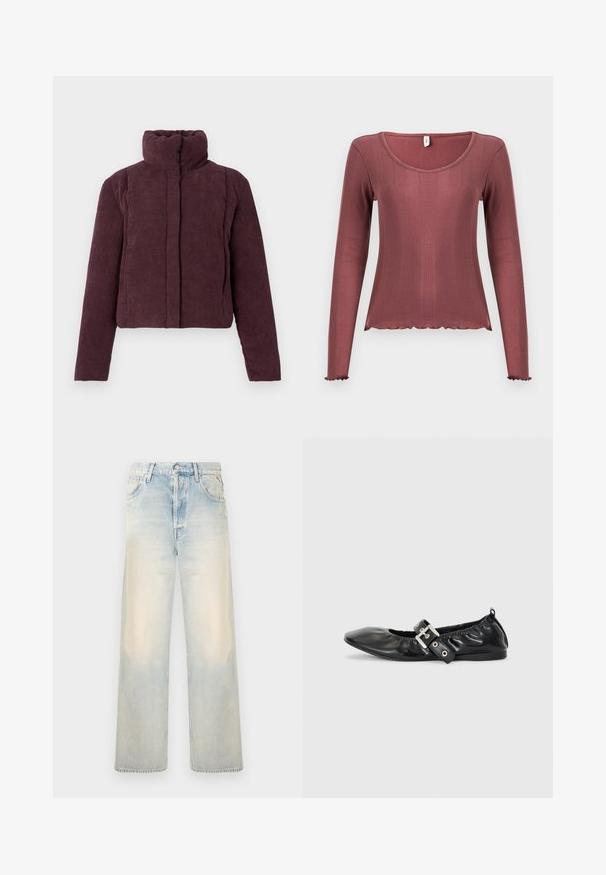 Chaqueta acolchada corta para mujer en terciopelo corduroy púrpura oscuro, con cuello alto y mangas largas, presentada sobre un fondo liso.; Top de manga larga en color rosa polvoriento, textura acanalada, escote redondo, dobladillo y puños con borde ondulado, confeccionado con material de punto suave.; Pantalones vaqueros de pierna ancha de lavado claro con un acabado descolorido, cinco bolsillos y cierre clásico de botón. Textura suave y corte holgado.; Zapato plano de piel negra con puntera afilada, detalle fruncido alrededor de la abertura y un acento de hebilla plateada en la correa ajustable.