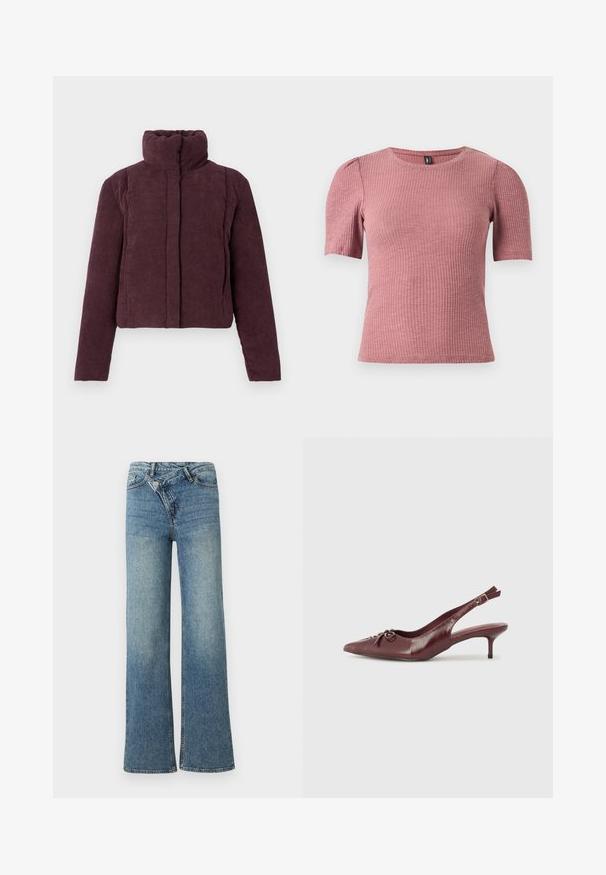 Chaqueta acolchada corta para mujer en terciopelo corduroy púrpura oscuro, con cuello alto y mangas largas, presentada sobre un fondo liso.; Top de manga corta con textura en tejido acanalado color rosa polvo. Escote redondo con hombros sutilmente abullonados. Corte ajustado, material elástico.; Vaqueros de mezclilla azul claro de pierna ancha con cintura alta, decoloración ligera y cierre de botón en la parte delantera. Cuenta con cinco bolsillos y costuras mínimas.; Tacón slingback de cuero burdeos con punta afilada, correa ajustable y detalle decorativo de lazo en la parte delantera. Altura del tacón de 3 pulgadas.