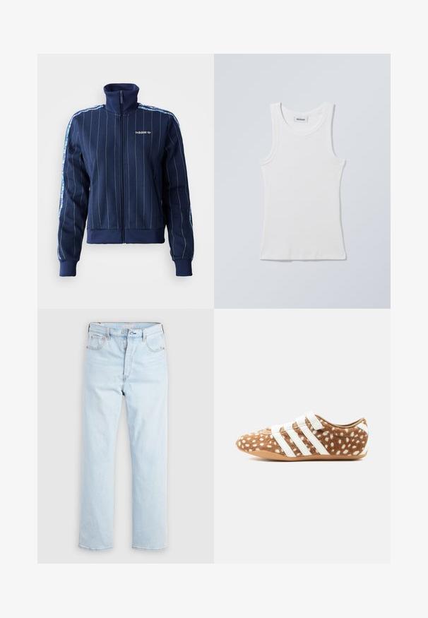 Veste zippée navy avec des rayures verticales, col haut, poignets côtelés et logo de marque. Présente des accents à motifs floraux sur les manches.; Débardeur en coton blanc avec un col rond et des bretelles larges. Présente une texture côtelée et un ourlet droit. Étiquette affichée sur le col.; Jean bleu clair taille haute à jambes droites avec braguette à boutons et poches avant et arrière sur un fond blanc uni.; Baskets marron à taches blanches avec trois bandes blanches, présentant une texture semblable à de la fourrure et une semelle beige plate, vues de profil.