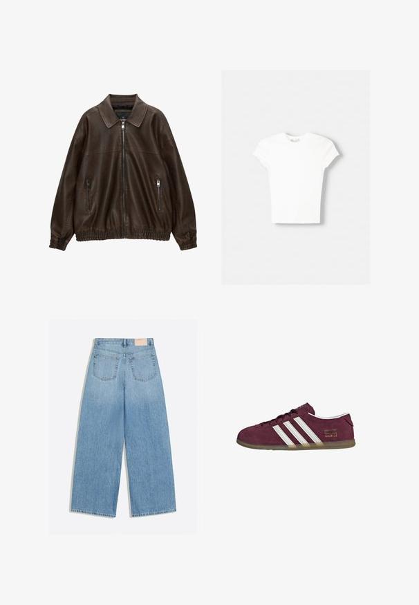 Veste en cuir marron avec un col chemise, une fermeture éclair à l'avant et deux poches zippées. Dotée de poignets et d'un ourlet élastiqués pour une coupe décontractée.; T-shirt blanc à manches courtes en coton doux, avec un col rond et une coupe ajustée. Pas de motifs ni d'ornements visibles.; Jean denim bleu clair à jambes larges avec deux poches arrière et une petite étiquette de marque beige sur la ceinture.; Baskets en daim bordeaux avec accents rayés blancs, bout arrondi et semelle en caoutchouc gomme. Comprend une étiquette logo sur le côté extérieur.