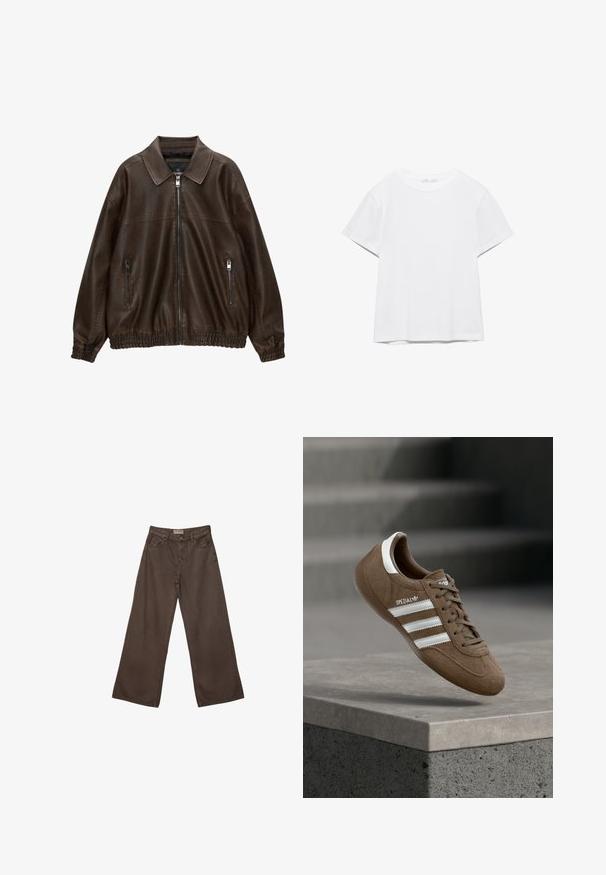 Veste en cuir marron avec un col chemise, une fermeture éclair à l'avant et deux poches zippées. Dotée de poignets et d'un ourlet élastiqués pour une coupe décontractée.; T-shirt blanc uni à manches courtes et col rond, avec un ourlet droit, présenté sur un fond blanc.; Pantalons en denim marron à coupe large avec un design classique à cinq poches, dotés d'une fermeture à bouton et d'une texture lisse.; Baskets Adidas Spezial en daim marron avec des bandes blanches et des lacets, flottant au-dessus d'un rebord en béton gris sur un fond d'escaliers flous.