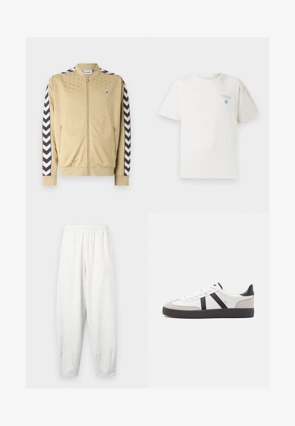 Veste bomber beige avec un motif subtil, rayures chevron navy sur les manches, fermeture éclair et poches latérales. Présente un logo sur la poitrine.; T-shirt en coton blanc avec un col rond, des manches courtes et un graphique bleu "MYKONOS" sur la poitrine gauche, présentant un élément de design circulaire.; Pantalons de survêtement gris clair en tissu doux, avec une taille élastique, des jambes fuselées et des poignets au niveau des chevilles. Conception simple sans motifs.; Baskets blanches avec des accents noirs et gris, présentant un embout texturé gris, une semelle en caoutchouc noir et des lacets plats blancs. Design épuré, style minimaliste.