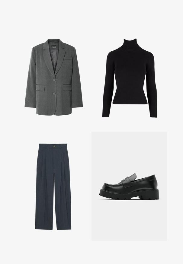 Grijze blazer met een gekartelde kraag, twee voorzakken en een twee-knopen sluiting. Gemaakt van een gestructureerde stof met een gladde voering.; Zwarte geribbelde coltrui met lange mouwen, aansluitende snit, textuurstof en hoge kraag.; Wijduitlopende broeken van gestructureerde donkergrijze stof, met voren geplooide details, een knoopsluiting en praktische zijzakken.; Zwarte leren instappers met een chunky, gestructureerde zool, voorzien van een band over de voet en een gladde, gepolijste afwerking.