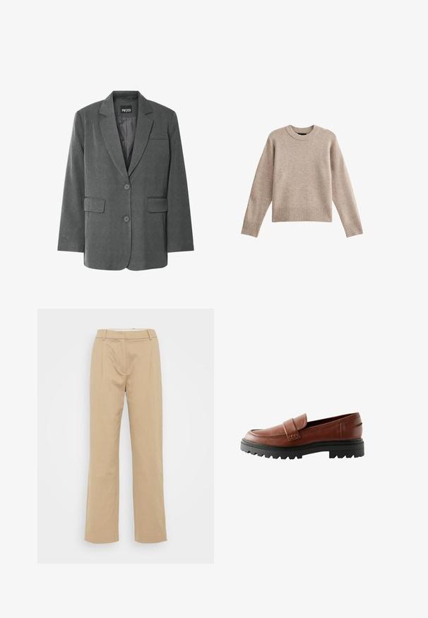 Grijze blazer met een gekartelde kraag, twee voorzakken en een twee-knopen sluiting. Gemaakt van een gestructureerde stof met een gladde voering.; Beige gebreide trui met een ronde hals, ribgebreide mouwen en boord. De stof heeft een zachte textuur met een subtiel patroon. Ontspannen pasvorm.; Beige wijde broek van een gestructureerde stof, met een middelhoge taille, voorplooien en een gestroomlijnd ontwerp.; Bruine leren loafers met een verhoogde neus, decoratieve band en een geprofileerde zwarte rubberen zool met opvallend profiel.