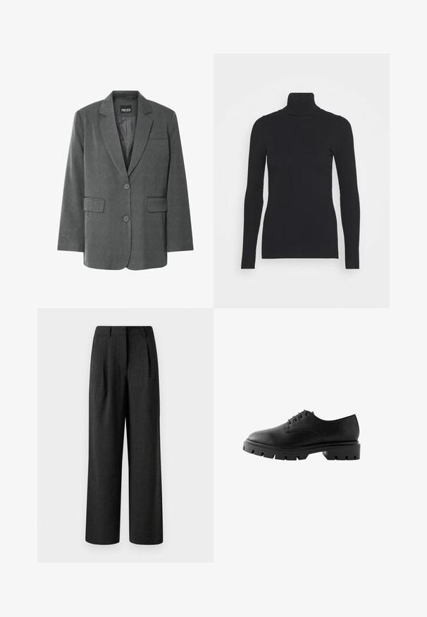 Grå blazer med klippet krave, to forlommer og to-knaps lukning. Lavet af et tekstureret stof med en glat inderside.; Sort ribbet rullekravesweater med lange ærmer og en tætsiddende silhuet. Teksturen er glat med et vandret ribmønster.; Sorte brede bukser lavet af tekstureret stof, med forkødsfolder og skræddersyet talje, designet til at have en løs pasform.; Sorte lædersko med rund tå, seks snørrehuller, flade snørebånd og en kraftig gummisål med dybe mønstre.