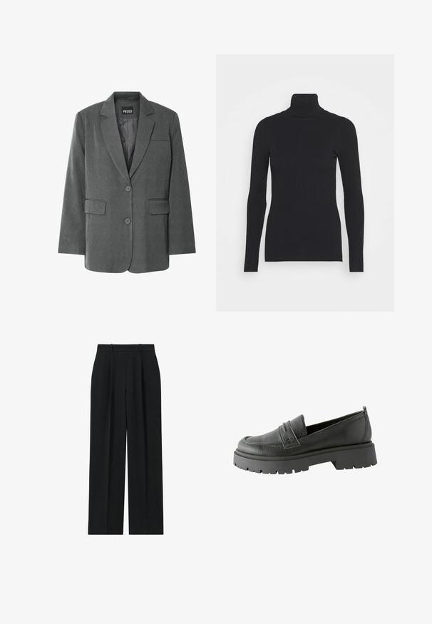 Grijze blazer met een gekartelde kraag, twee voorzakken en een twee-knopen sluiting. Gemaakt van een gestructureerde stof met een gladde voering.; Zwarte geribde coltrui met lange mouwen en een aansluitende pasvorm. De textuur is glad met een horizontaal ribpatroon.; Reiss PETITE FIT - EDEN ELASTICATED WAIST WIDE - Broek - navy; Zwarte leren loafers met een gestructureerde afwerking, opvallende stikdetails en een dikke zwarte rubberen zool met een geprofileerd patroon.
