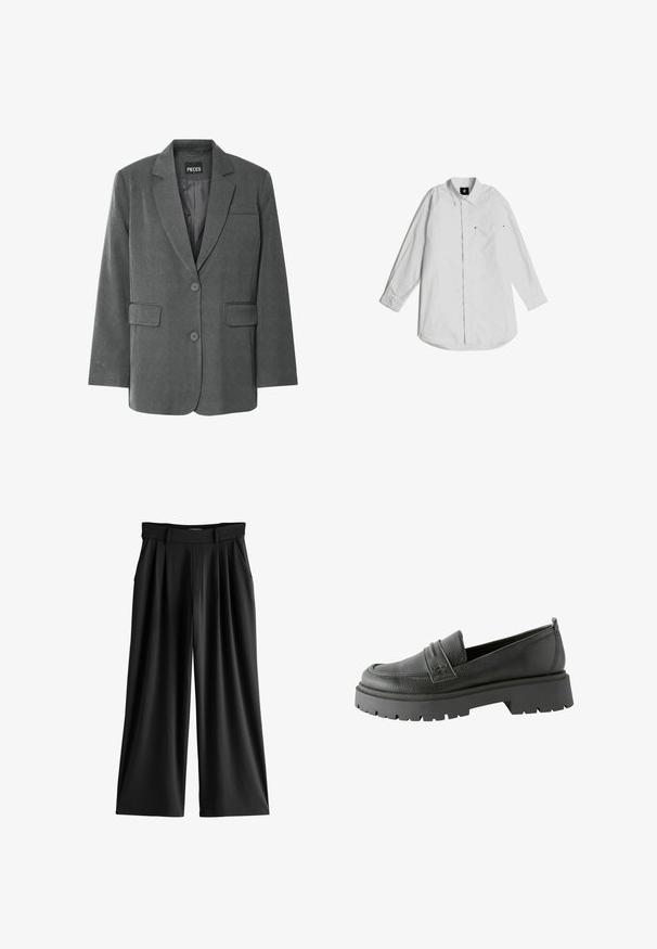 Grijze blazer met een gekartelde kraag, twee voorzakken en een twee-knopen sluiting. Gemaakt van een gestructureerde stof met een gladde voering.; Witte blouse met lange mouwen van lichtgewicht katoen. Heeft een kraag met knopen, een voorkastje en subtiele stikdetails.; Zwarte broek met wijde pijpen, plooien, zijzakken en een tailleband met riemlussen.; Zwarte leren loafers met een gestructureerde afwerking, opvallende stikdetails en een dikke zwarte rubberen zool met een geprofileerd patroon.