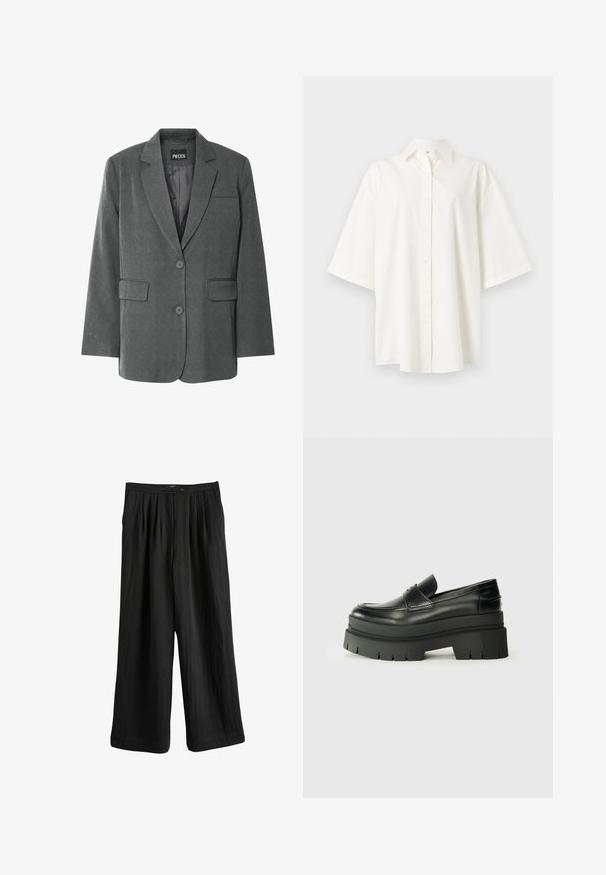 Blazer gris con un collar muescado, dos bolsillos frontales y cierre de dos botones. Hecho de una tela texturizada con un forro interior suave.; Camisa blanca de manga corta con botones, cuello, dobladillo recto y corte holgado sobre un fondo liso y claro.; Pantalones negros de corte holgado con acabado texturizado, piernas anchas y cintura alta con dos botones.; Mocasines de cuero negro con suela de plataforma contundente. Punta redondeada, detalle de costura en la parte delantera y sutiles acentos de costura. Suela plana y texturizada.