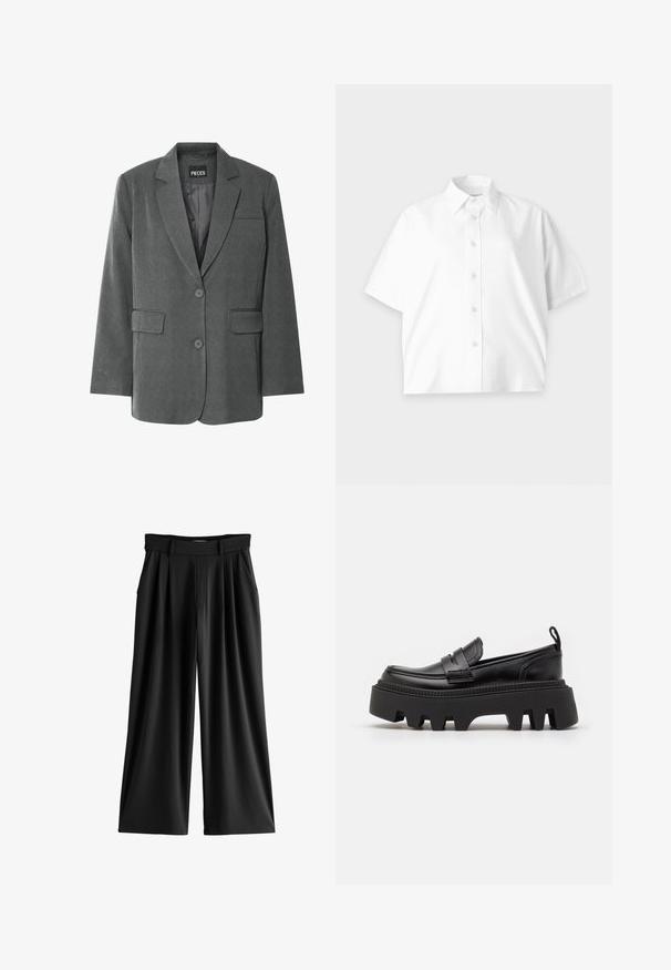 Grå blazer med klippet krave, to forlommer og to-knaps lukning. Lavet af et tekstureret stof med en glat inderside.; Hvid kortærmet skjorte med knapper og krave, enkelt design og diskret logo på brystet, vist på en lys baggrund.; Sorte bukser med brede ben, læg, sidelommer og linning med bæltestropper.; Sorte læder loafers med en kraftig sort gummisål, der har skridsikre riller og et dekorativt bånd over forsiden.
