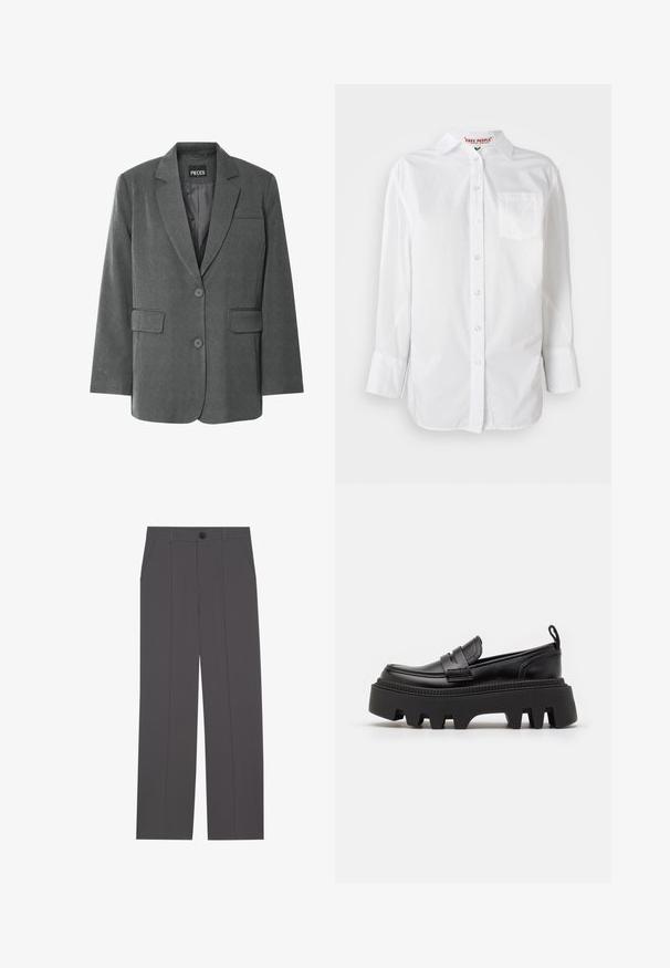 Grå blazer med klippet krave, to forlommer og to-knaps lukning. Lavet af et tekstureret stof med en glat inderside.; Hvid langærmet skjorte med knapper og krave samt brystlomme, Præsenteret mod en ensfarvet baggrund.; Grå bukser med lige ben design, der har to side lommer og en knaplukning. Glat stof uden synlige mønstre eller detaljer.; Sorte læder loafers med en kraftig sort gummisål, der har skridsikre riller og et dekorativt bånd over forsiden.
