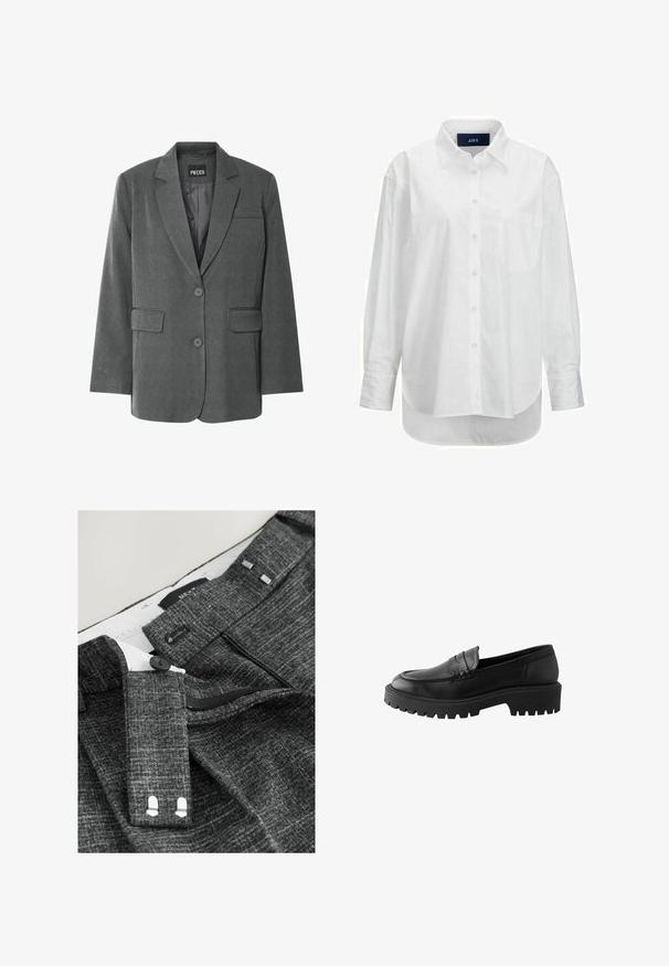 Blazer gris con un collar muescado, dos bolsillos frontales y cierre de dos botones. Hecho de una tela texturizada con un forro interior suave.; Camisa blanca de manga larga en algodón suave con cuello abotonado, bolsillo frontal y dobladillo curvado. Cuenta con un canesú en la parte posterior para mayor estructura.; Pantalones grises texturizados con cierre de botón, cremallera y ganchos adicionales, con detalles plateados en la cintura y el forro interior.; Mocasín de cuero negro con puntera redondeada, detalle de costura elevada y suela de goma gruesa con surcos profundos para mayor tracción.