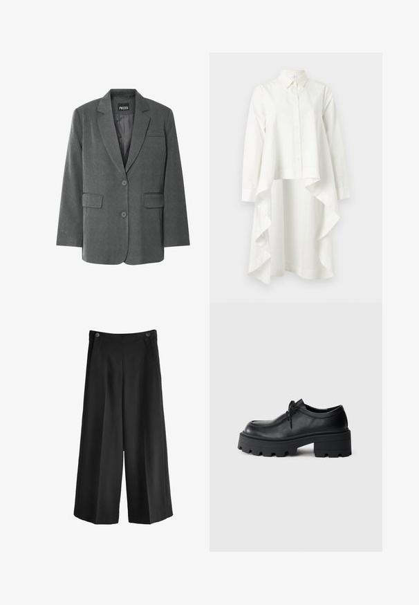 Grå blazer med klippet krave, to forlommer og to-knaps lukning. Lavet af et tekstureret stof med en glat inderside.; Lang hvid skjortekjole med lange ærmer, knaplukning foran, spids krave og asymmetrisk flæsekant.; Svarte breddebenede bukser med høj talje, lavet af glat stof. Har to forlommer og to knapper ved linningen.; Sort læder snørebåndssko med en tyk, tekstureret sort gummisål og en rund tå. Har subtile syninger.