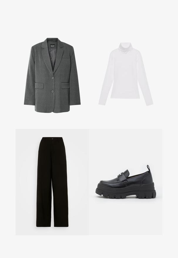 Grå blazer med klippet krave, to forlommer og to-knaps lukning. Lavet af et tekstureret stof med en glat inderside.; Hvid langærmet turtle-neck top lavet af glat, strækbart stof. Har en høj krave og tætsiddende design, uden synlige mønstre eller udsmykninger.; Sorte brede bukser lavet af glat stof, med en knaplukning i livet og en skræddersyet silhuet uden synlige mønstre.; Sort læderloafer med tyk rillede sål, mok tå syning, remdetalje over toppen og trækstrop på hælen, vist i sideprofil.