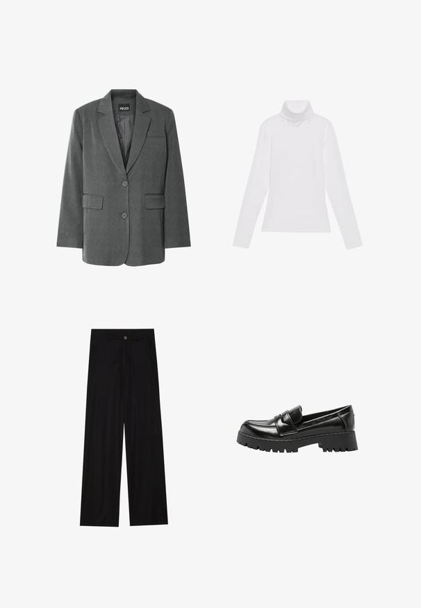 Grå blazer med klippet krave, to forlommer og to-knaps lukning. Lavet af et tekstureret stof med en glat inderside.; Hvid langærmet turtle-neck top lavet af glat, strækbart stof. Har en høj krave og tætsiddende design, uden synlige mønstre eller udsmykninger.; Bredde ben sorte bukser lavet af et glat stof, med forlommer og knaplukning i taljen. Minimalistisk design uden mønstre.; Sort læderloafer med kraftig sål og lav hæl, med en rem over overdelen og et mokkådesign.