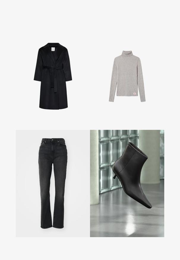 Manteau noir longueur genoux avec larges revers, manches longues et ceinture assortie nouée à la taille, présenté sur fond blanc.; Pull à col roulé côtelé gris clair à manches longues avec un petit écusson du logo CK rouge et blanc près de l'ourlet inférieur.; Jeans en denim noir taille haute avec jambes droites, design à cinq poches, fermeture à bouton à l'avant et détails de couture minimaux.; Bottine en cuir noir avec bout pointu et petit talon, présentée devant un mur en blocs de verre et un sol poli.