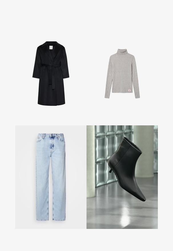Manteau noir longueur genoux avec larges revers, manches longues et ceinture assortie nouée à la taille, présenté sur fond blanc.; Pull à col roulé côtelé gris clair à manches longues avec un petit écusson du logo CK rouge et blanc près de l'ourlet inférieur.; Jeans large bleus clairs en denim, avec une taille haute, un lavage décoloré et un motif tie-dye subtil à l'avant.; Bottine en cuir noir à bout pointu et petit talon kitten, présentée en angle devant un sol poli et un mur en blocs de verre.