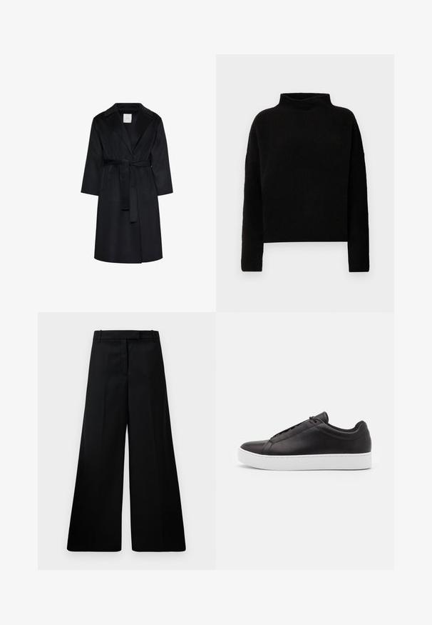 Manteau noir longueur genoux avec larges revers, manches longues et ceinture assortie nouée à la taille, présenté sur fond blanc.; Pull en col roulé noir en tissu doux, avec des manches longues et une coupe décontractée, présentant des coutures minimales et sans embellissements visibles.; Pantalons larges noirs en tissu lisse, dotés d'une taille haute, de deux poches avant et d'un design épuré. Texture unie sans motifs.; Baskets en cuir noir avec une finition lisse, présentant un design basses et une épaisse semelle en caoutchouc blanc. Détails de couture subtils sur le côté.