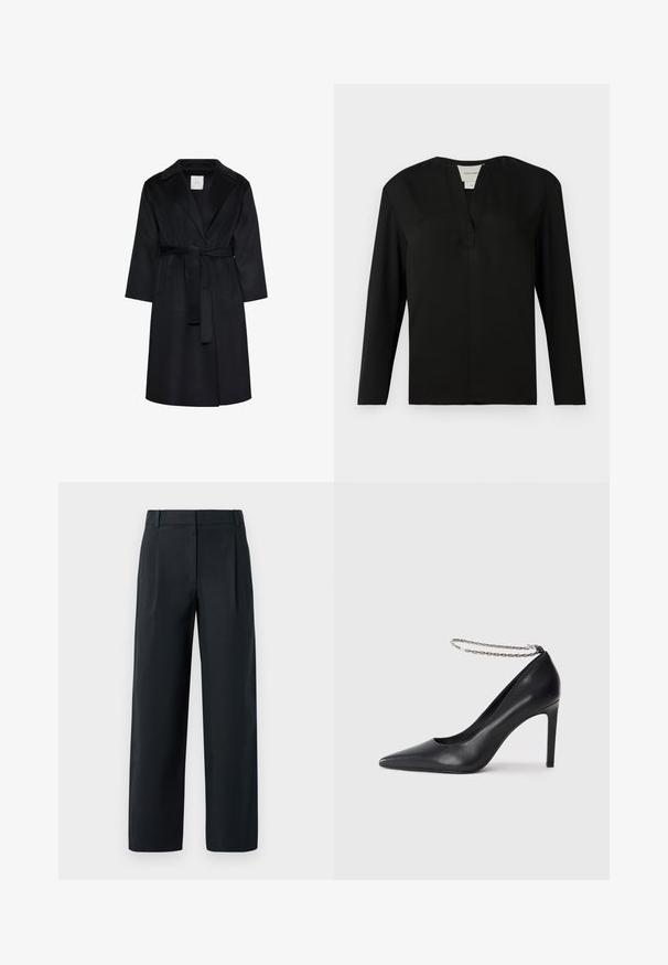 Manteau noir longueur genoux avec larges revers, manches longues et ceinture assortie nouée à la taille, présenté sur fond blanc.; Haut noir à manches longues en tissu lisse. Présente un col en V et un design minimaliste avec une coupe droite et sans ornements.; Pantalon noir ajusté avec une coupe droite, présentant des plis avant, une texture lisse et des passants de ceinture. Pas de poches visibles.; Escarpin noir en cuir avec un bout pointu, doté d'une fine bride de cheville en chaîne argentée et d'une texture lisse et élégante.