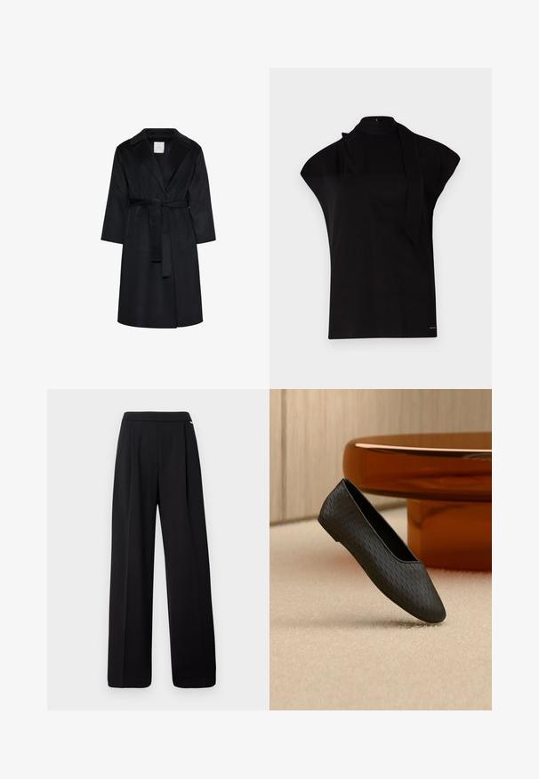 Manteau noir longueur genoux avec larges revers, manches longues et ceinture assortie nouée à la taille, présenté sur fond blanc.; Top noir à col montant avec manches courtes, présentant un design asymétrique et une longue cravate. Fabriqué en tissu lisse au look minimaliste.; Pantalon noir taille haute à jambes larges avec coutures frontales et taille lisse, présenté sur un fond blanc.; Chaussure plate noire texturée à enfiler flottant au-dessus d’un tapis beige près d’un pied de table rond couleur ambre.