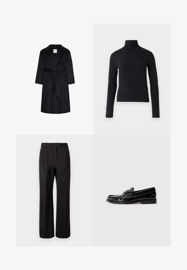 Manteau noir longueur genoux avec larges revers, manches longues et ceinture assortie nouée à la taille, présenté sur fond blanc.; Haut turtleneck noir à manches longues, fabriqué à partir d'un tissu doux et extensible. Présente un col montant et une silhouette ajustée sans embellissements.; Pantalons noirs taille haute, en tissu lisse, avec un design à jambes droites, des poches latérales et un devant plat avec plis.; Mocassins en cuir noir avec un bout arrondi, des coutures décoratives et un petit accent doré sur le dessus. Semelle en caoutchouc plate, design épuré.