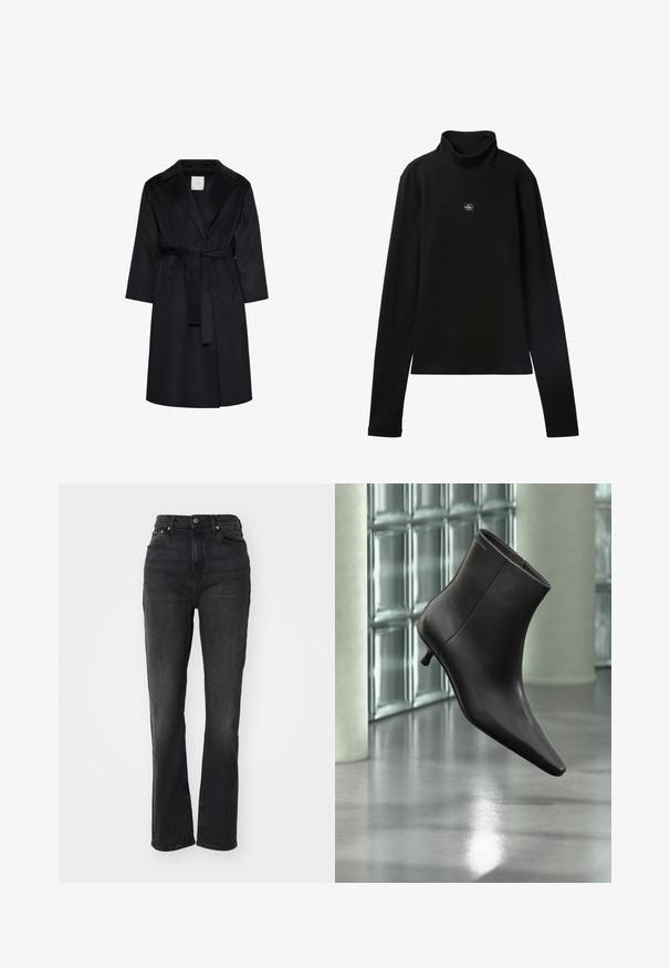 Manteau noir longueur genoux avec larges revers, manches longues et ceinture assortie nouée à la taille, présenté sur fond blanc.; Haut noir à col roulé côtelé à manches longues avec petit patch carré du logo Calvin Klein centré sur la poitrine.; Jeans en denim noir taille haute avec jambes droites, design à cinq poches, fermeture à bouton à l'avant et détails de couture minimaux.; Bottine en cuir noir avec bout pointu et petit talon, présentée devant un mur en blocs de verre et un sol poli.