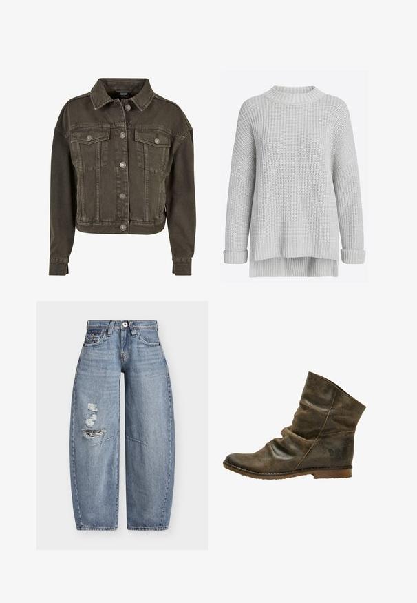 Forkortet denimjakke i mørkegrå med to brystlommer, sølvfarvede knapdetaljer og klassisk krave. Blødt, tekstureret stof.; Grå strikket sweater med grov struktur, høj hals, sænkede skuldre og ribstrikkede ærmekanter. Har en længere bagkant.; Blå denim jeans med vide ben, høj talje og slidte revner på venstre lår, med forlommer og bæltestropper.; Brun læder ankelstøvle med et afslappet design, der har en subtil tekstur, rund tå og en flad sål med en lille logo-detalje på hælen.