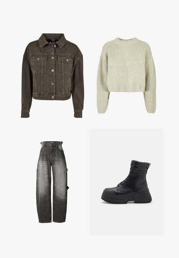 Veste en denim coupée de couleur gris foncé, avec deux poches poitrine, des boutons en métal argenté et un col classique. Tissu doux et texturé.; Pull en tricot gris clair avec une coupe décontractée, un col côtelé et des manches larges. Le tissu texturé présente des motifs de couture diagonale.; Jean noir délavé coupe large avec taille haute, poches avant et passants de ceinture, avec un détail de poche sur la jambe droite.; Bottes noires à lacets en cuir lisse, dotées d'une semelle plateforme épaisse, d'un talon renforcé et d'une languette pour un enfilage facile.